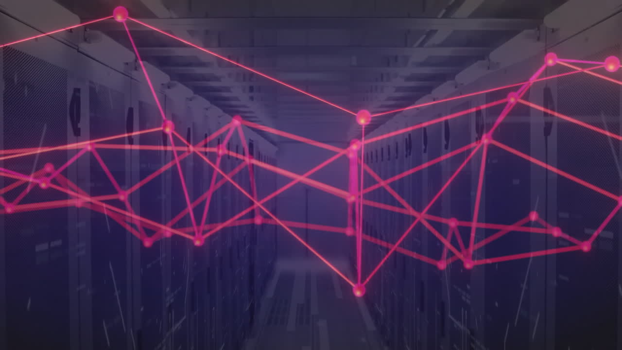 Network of connections and data processing animation over server room