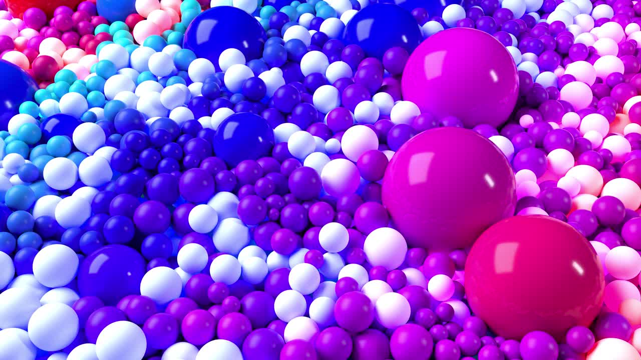 animación en bucle 3d con brillantes y hermosas esferas o bolas pequeñas y grandes como fondo de vacaciones abstractas. composición colorida de esferas coloridas