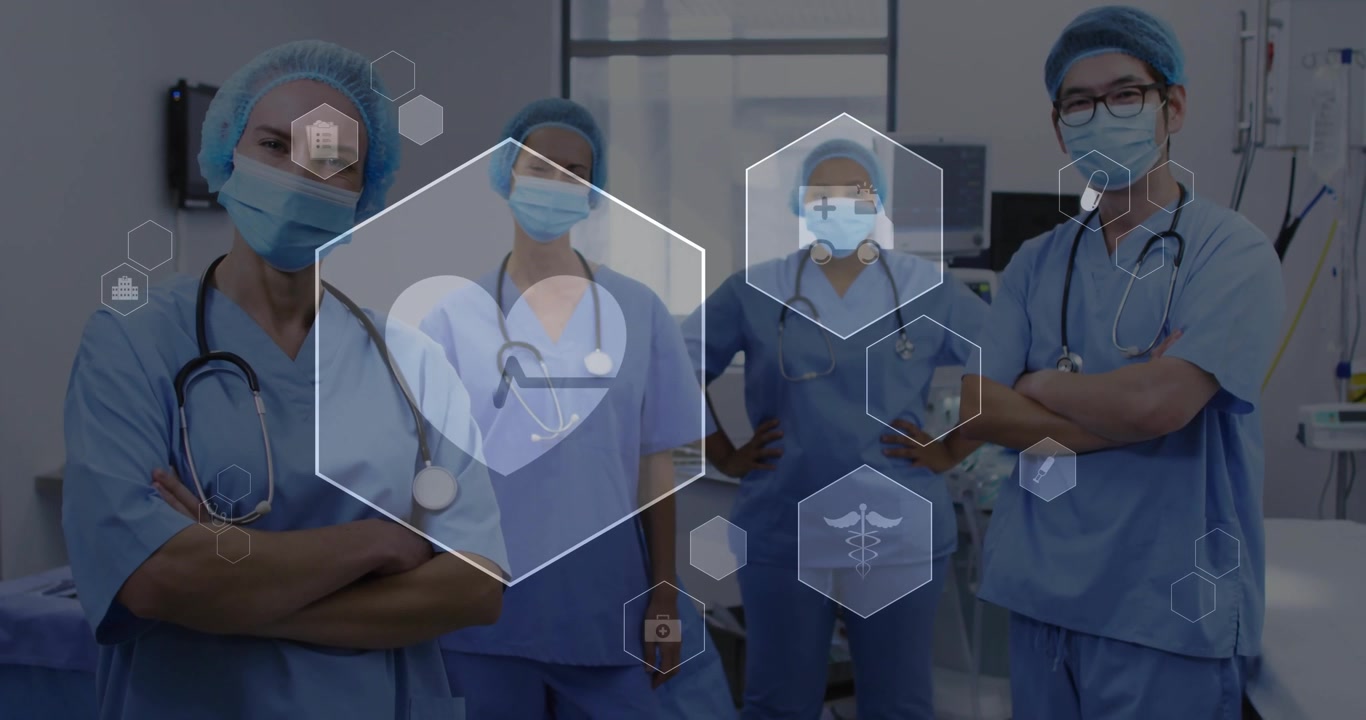 Efter 1 sekund står et medicinsk team i operationsstuen og initierer sekskantede paneler, der fremhæver et hjerte og en EKG-kurve.