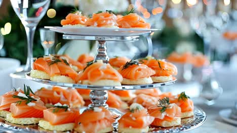 a table topped with three tiered trays filled with food