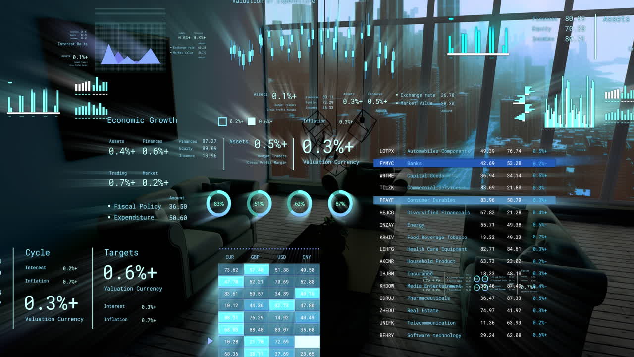 Animation of data processing over modern apartment and cityscape