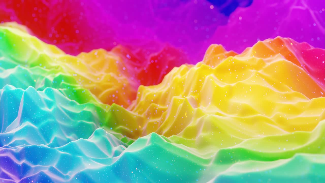 hermosa superficie abstracta 3d con extrusión o desplazamiento de ondas se transforman en bucle. gradiente arco iris. material mate suave como dulzura o mermelada con ligero brillo interno, brilla en la superficie de morphing.