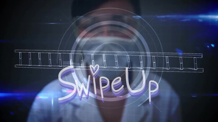 Swipe Up text animation over person wearing mask with digital interface elements