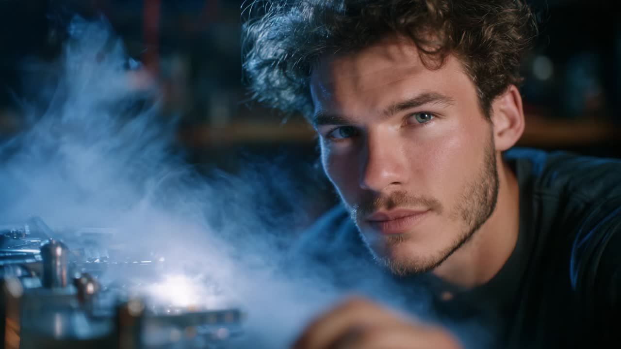 Intense Focus: A Young Man Engaged in an Electrifying Work of Craftsmanship Amidst Sparks and Smoke, Channeling Precision and Creative Energy in a Dynamic Workshop Environment