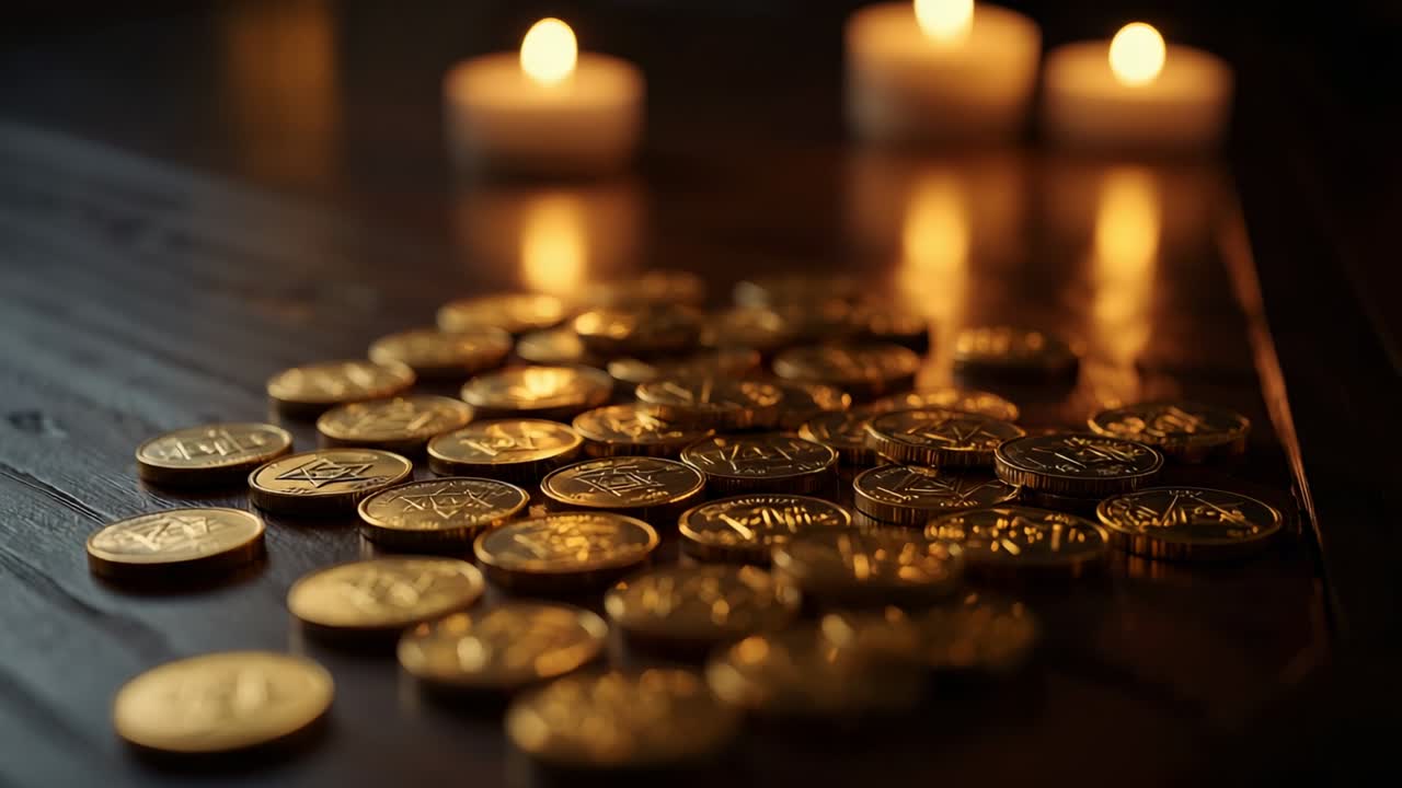 Flickering candle flames casting soft highlights across pile of gold-colored coins on wooden table
