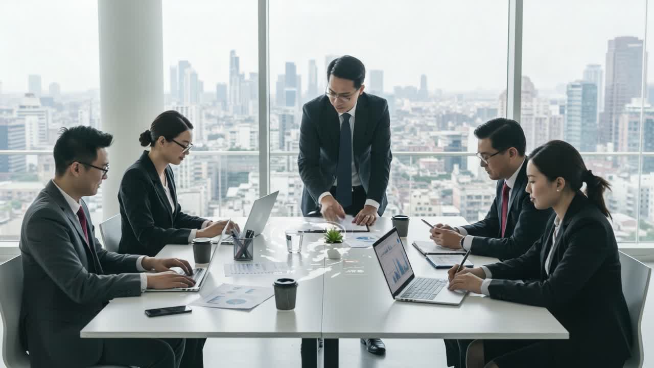 A Professional Business Meeting in a Modern Office with a City View: Collaborating on Strategies and Solutions Amidst Technology and Innovation