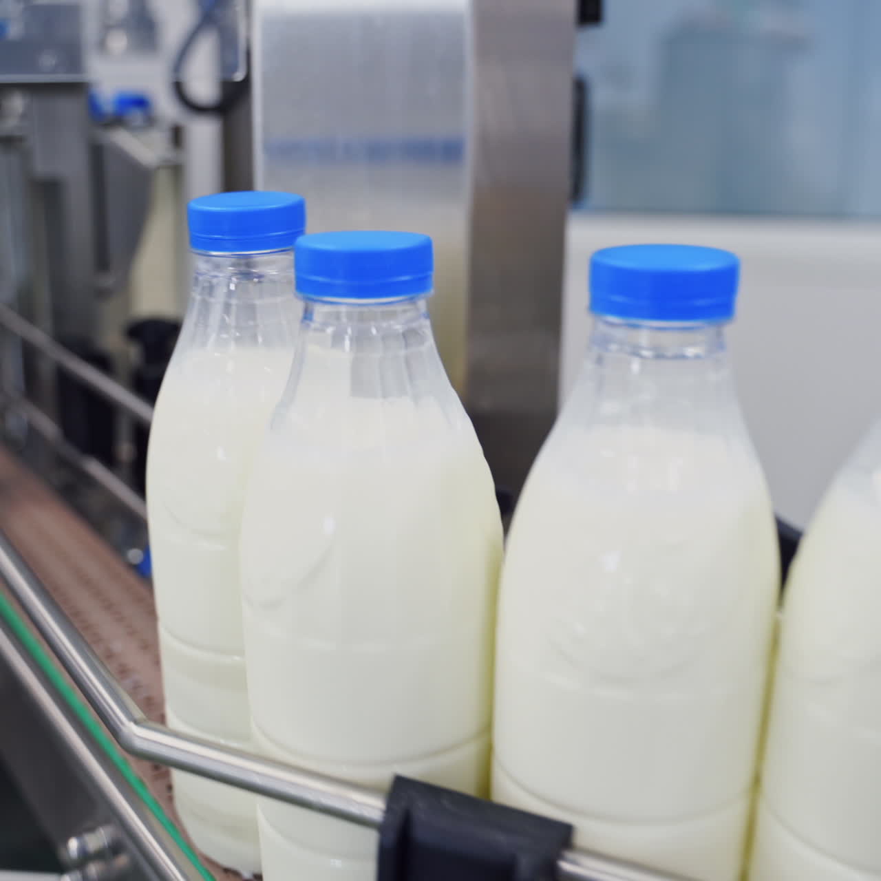 Milk bottles on a conveyor line. Bottles with white milk and blue lids moving on automated conveyor belt in a modernized dairy plant.