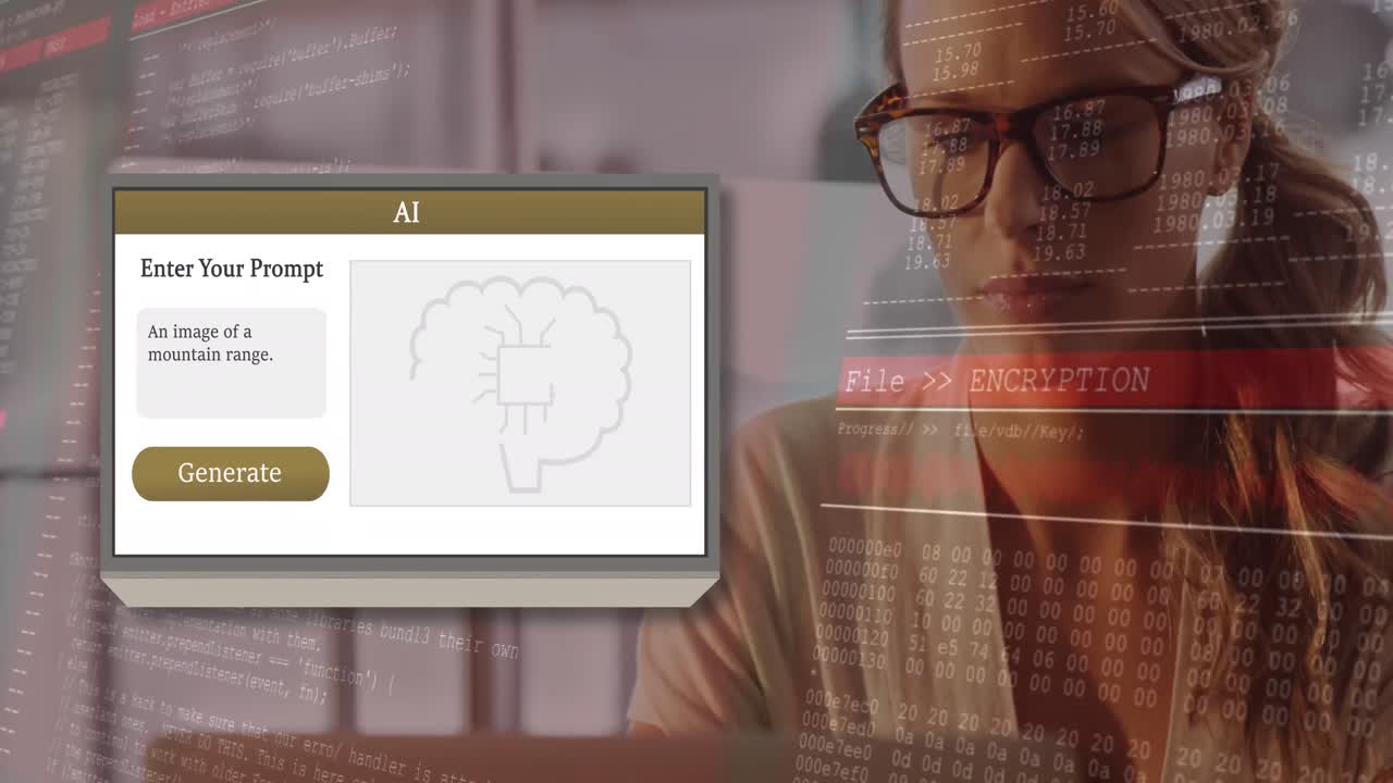 Animation of ai text and data processing and caucasian woman using laptop