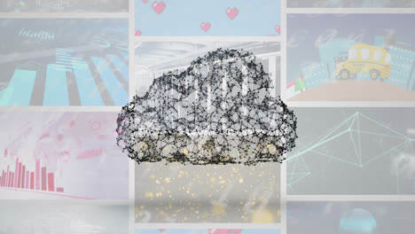 animación de la nube digital y procesamiento de datos en pantallas