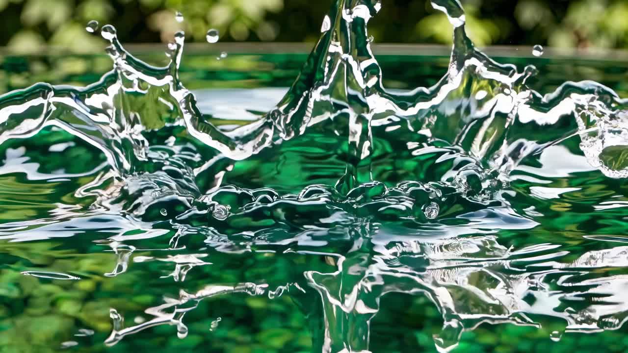 Close-up video still of water droplet hitting a green surface, creating ripples