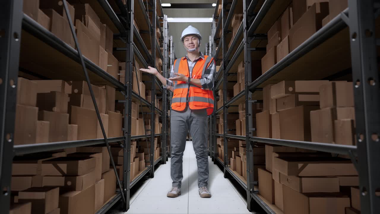 cuerpo lleno de ingeniero masculino asiático con casco de seguridad de pie en el almacén con estantes llenos de mercancías de entrega. sonriendo y señalando a un lado recomienda algo en el almacenamiento