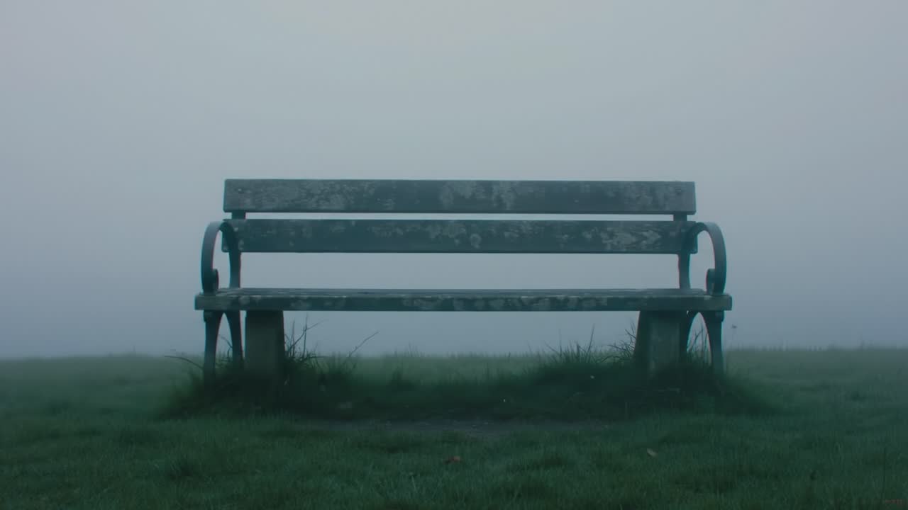A tranquil park setting in the early morning showcases a lonely bench surrounded by thick fog. The serene atmosphere invites reflection and calmness amidst nature's beauty.