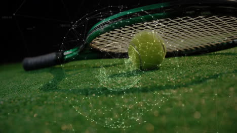 Tennis racket and tennis ball being visualized on green court, with network nodes and lines overlay