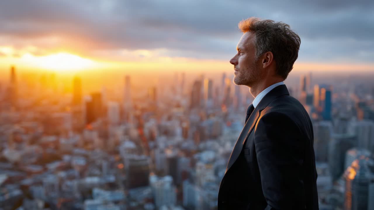 A Thoughtful Man in a Suit Gazes at a Stunning City Sunset, Capturing the Moment of Reflection and Possible Inspiration from the Urban Skyline