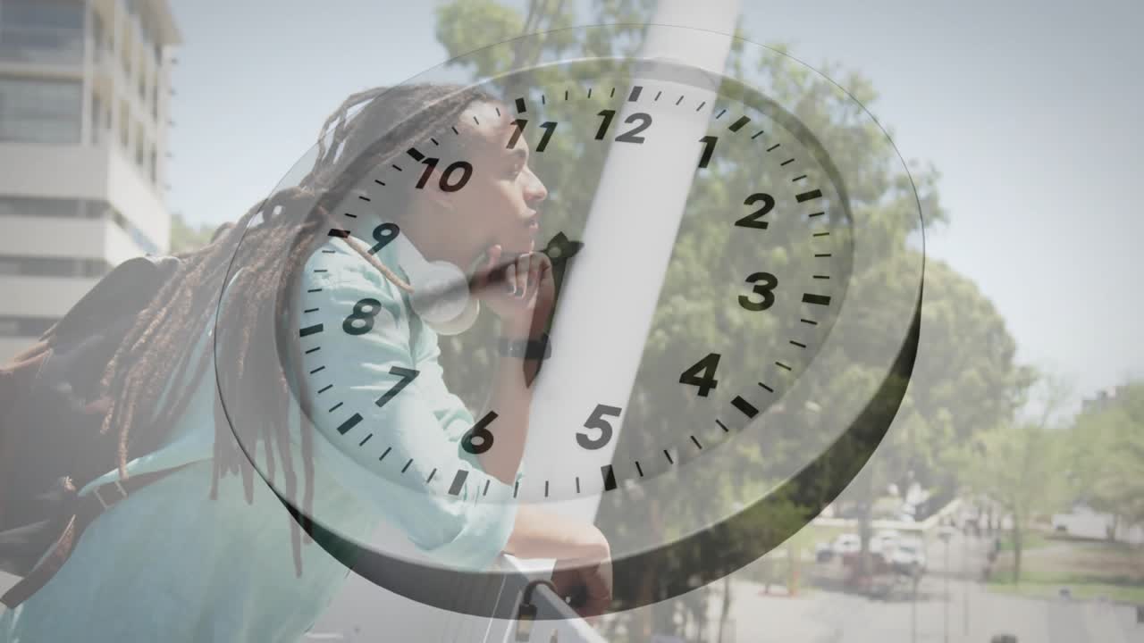 Woman speaking phone on balcony rail, call starting clock graphic tracking time in tech demo