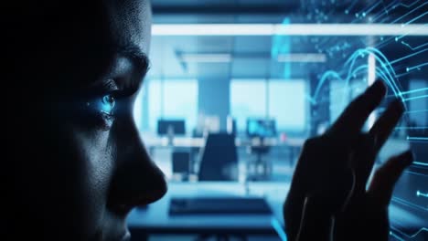 a close-up of a focused individual engaging with futuristic data interfaces in a sleek, high-tech setting, highlighting the intersection of human intuition and digital innovation