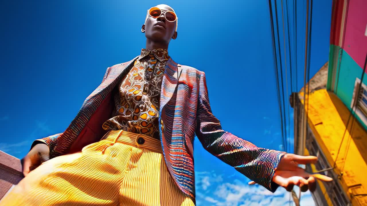 A Vibrant Street Style Fashion Showcase Featuring a Fashionable Model Dressed in a Striking Color Ensemble with Designer Accessories Against a Bright Urban Backdrop Glowing in the Sunlight