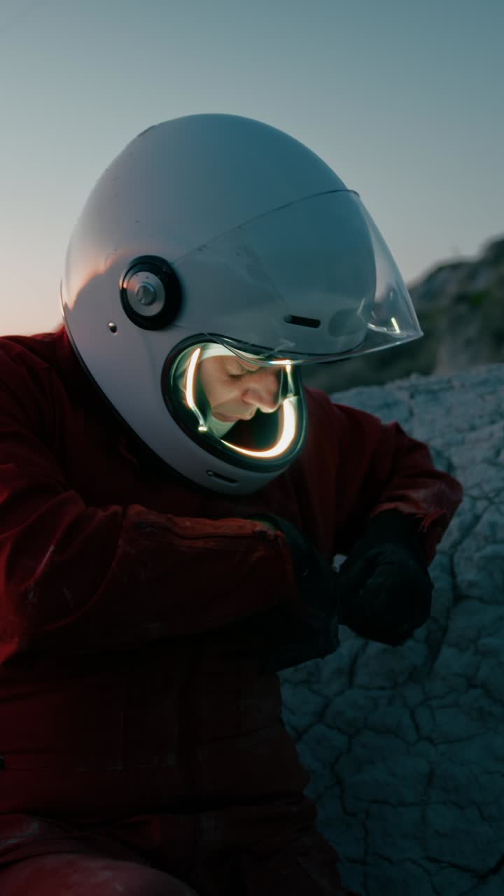 Astronaut Turns On An Orange Chemical Light To Illuminate The Night
