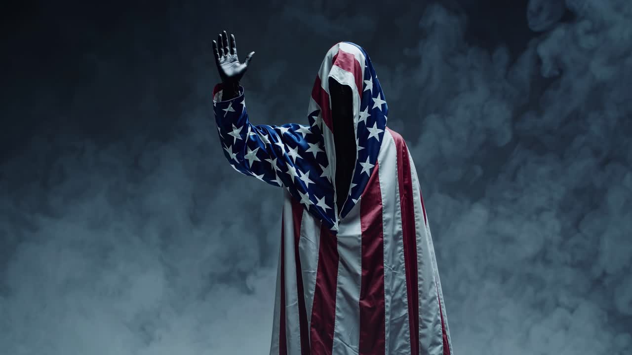 estudio oscuro capturando la muerte con la bandera estadounidense, moviendo manos sombrías a través del denso humo, simbolizando la compleja narrativa nacional y el comentario político sobrenatural
