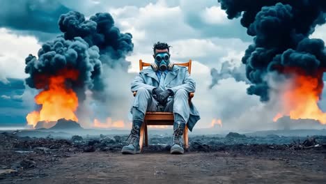 a man in a gas mask sitting on a chair in front of a volcano