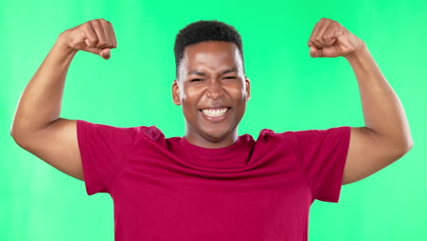 black man, muscle and strong flexing in studio