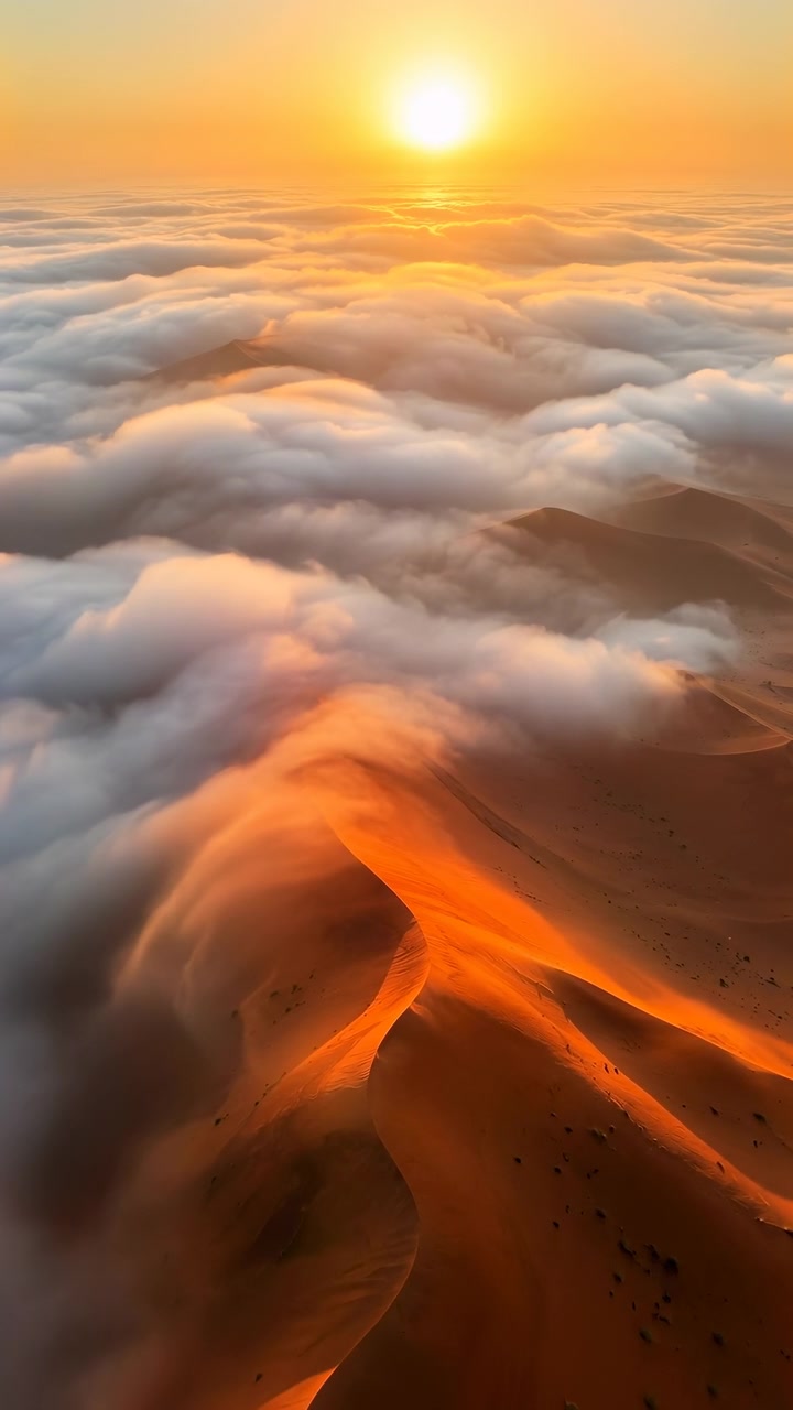 Vista aerea obliqua dall'alto mostra dune del deserto scolpite dal vento sotto una densa e bassa coltre di nuvole, con nebbia che si accumula nelle conche, che scende a cascata sui crinali e luce soffusa dell'alba che modella ombre stratificate, calda