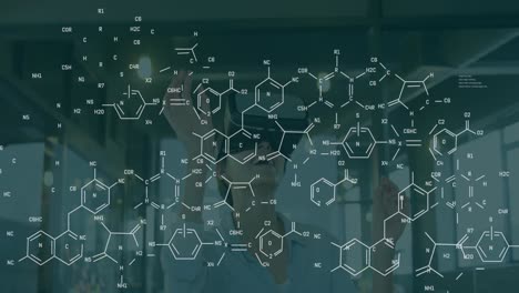 Animation-of-chemical-formulas-over-caucasian-women-using-vr-headset