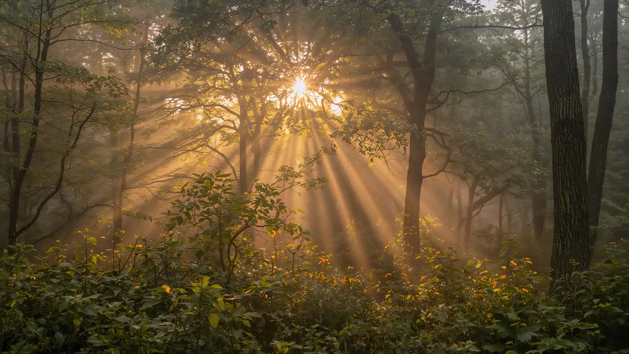 Emerging sun behind canopy brightening central tree cluster in misty forest, casting sunbeams