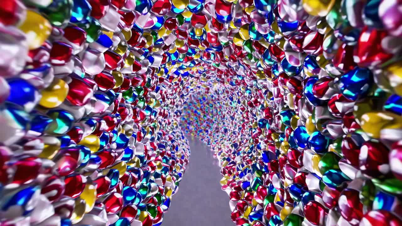 Colorful tunnel of shiny metallic bells creates a mesmerizing visual journey, showcasing vibrant reflections and intricate patterns in a continuous motion sequence