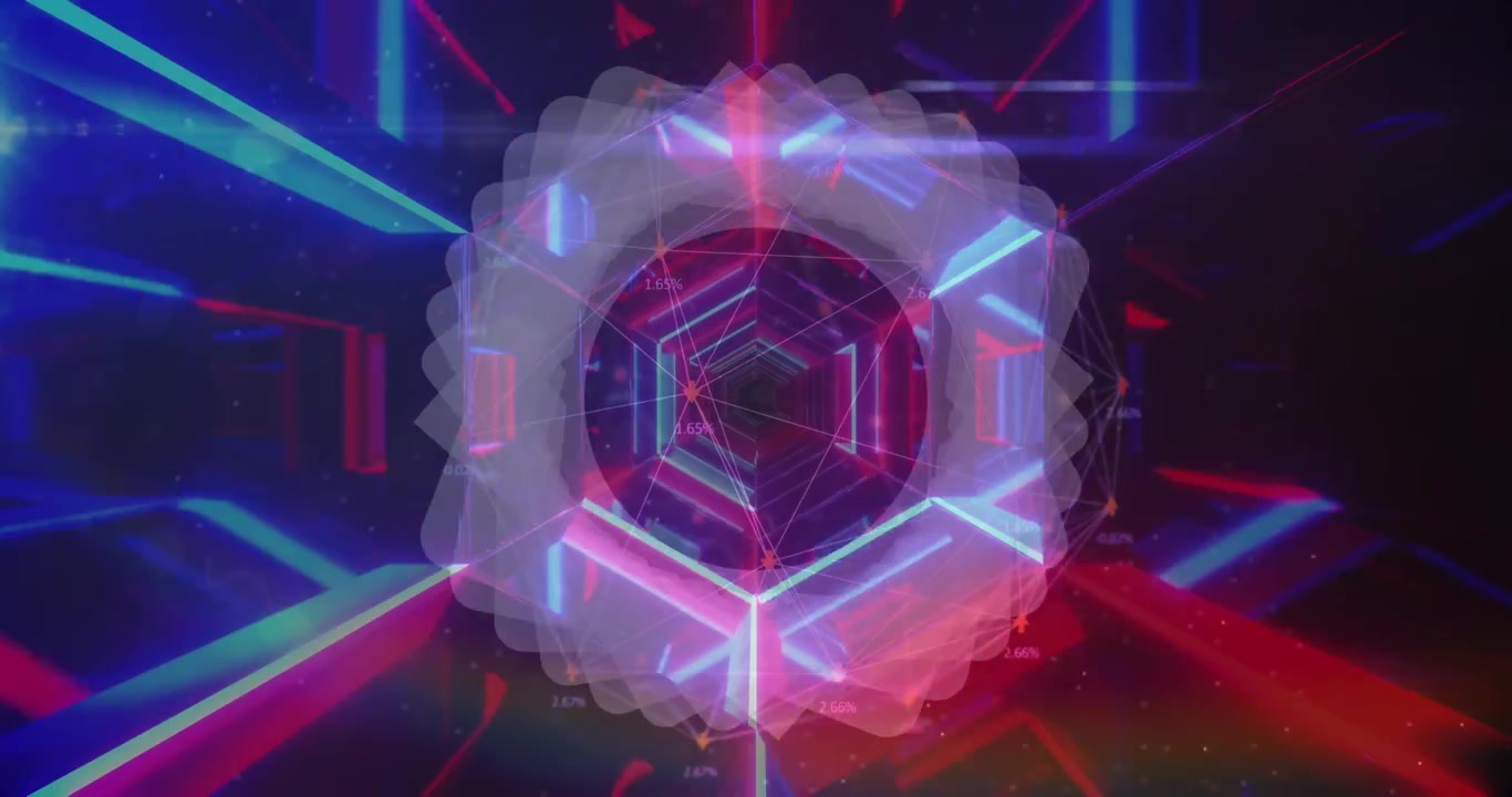 Forma astratta che ruota sopra un tunnel luminoso al neon in un motivo senza soluzione di continuità su sfondo nero