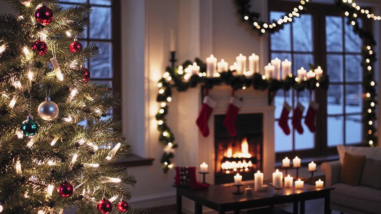 Cozy Christmas living room with a decorated tree and fireplace. Warm lighting, shot from a side