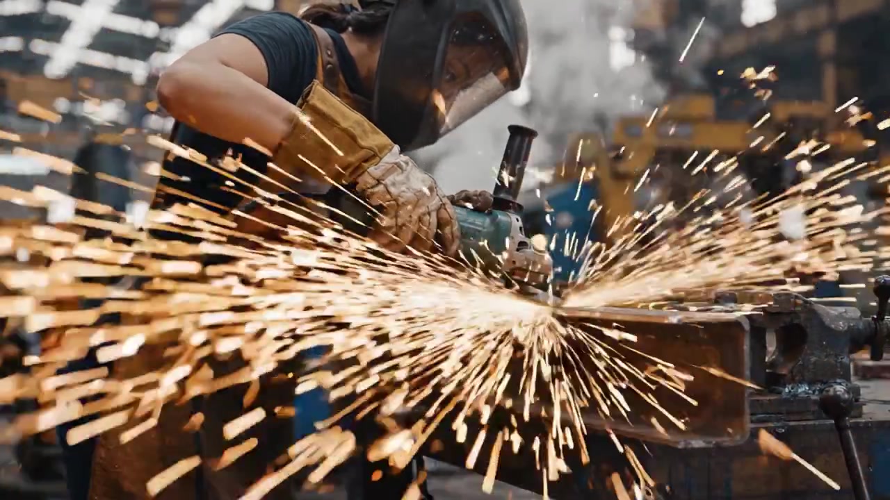 Um trabalhador dedicado usa habilidosamente uma rebarbadora para moldar metal em uma oficina industrial movimentada, rodeado por máquinas e faíscas voando