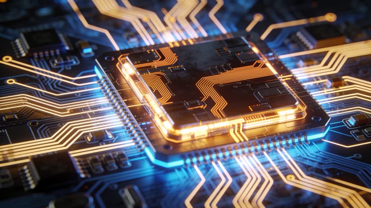 Mikrochip pulserer efter strømtilførsel, tænder op og sender lys langs spor, der fremhæver printkort.