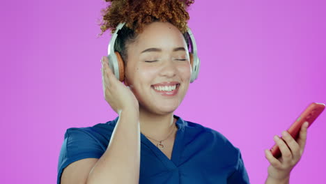 Phone,-music-and-black-woman-with-headphone-dance