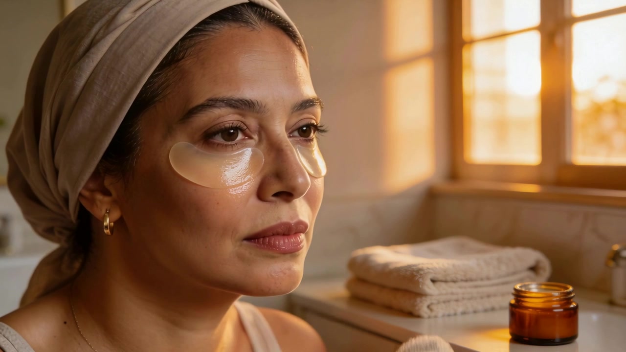 Starting routine woman beige headwrap pressing hydrogel patches at vanity, hydrating undereyes