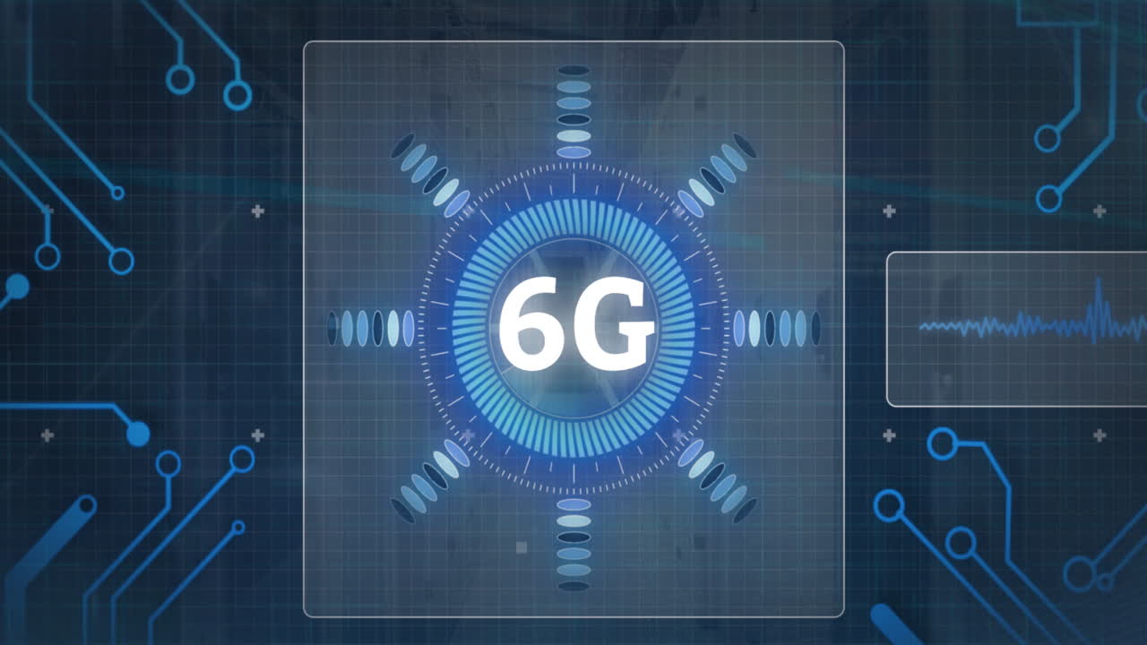 animación de texto de 6g en el escáner circular que procesa datos a través de la red de la placa base y la sala del servidor