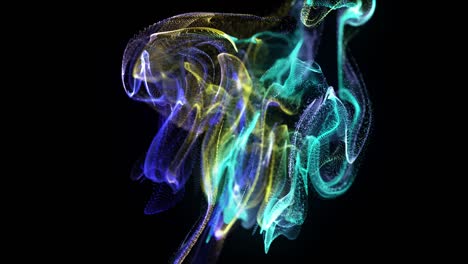 4k particle explosion - mushroom-flying powder grains - abstract digital energy slow motion particle background - colorful mushroom shaped explosion - particles flying dancing - a thousand points fly - blue yellow turquoise color