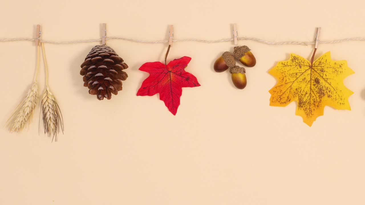 Autumnal accessories hanged on the rope. Stop motion