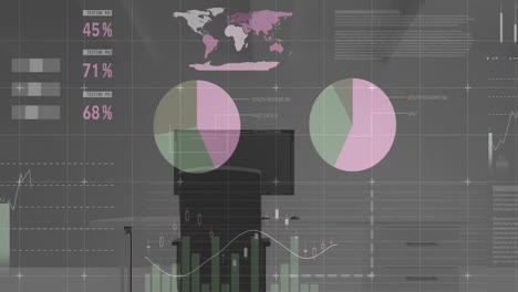 Animation-Der-Finanzdatenverarbeitung-über-Einem-Schreibtisch-Mit-Computer-Auf-Weißem-Hintergrund