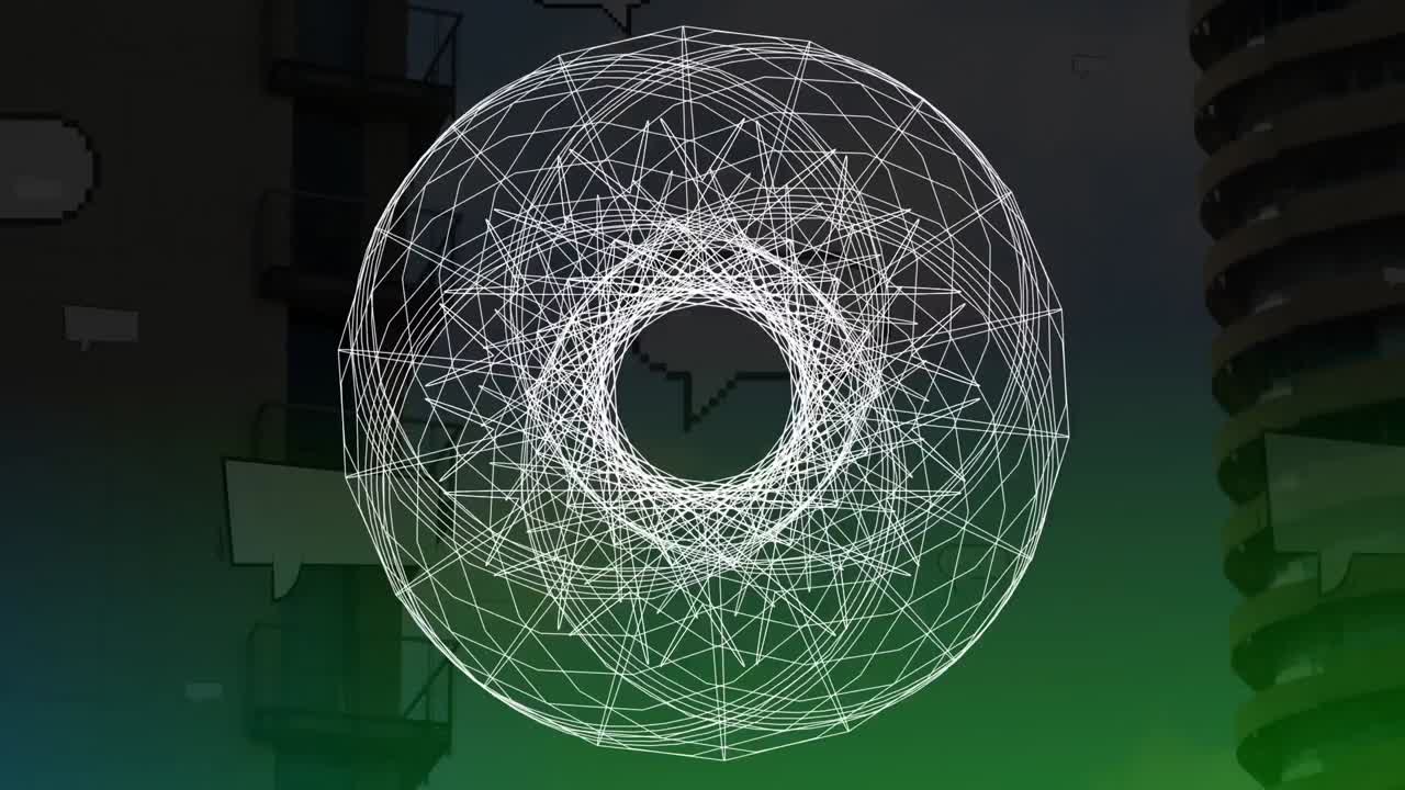 animación de formas geométricas giratorias sobre edificios