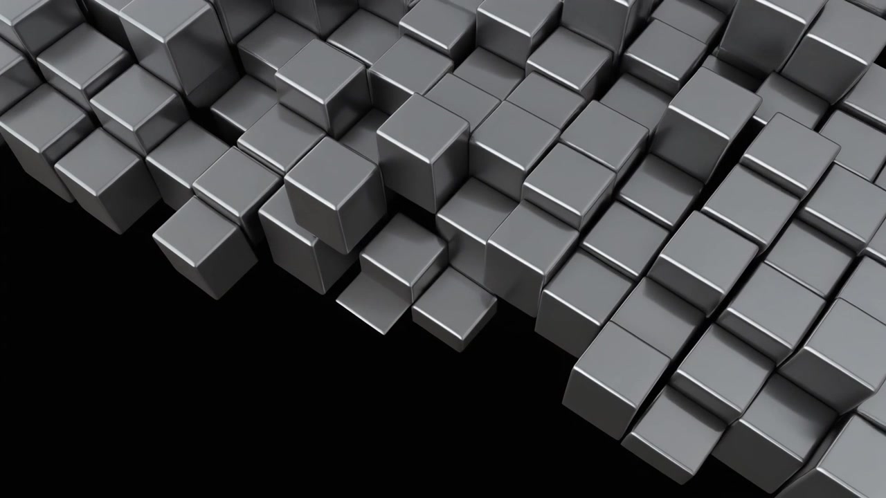 Abstrakt animation af bevægende metalliske sølvterninger på sort baggrund