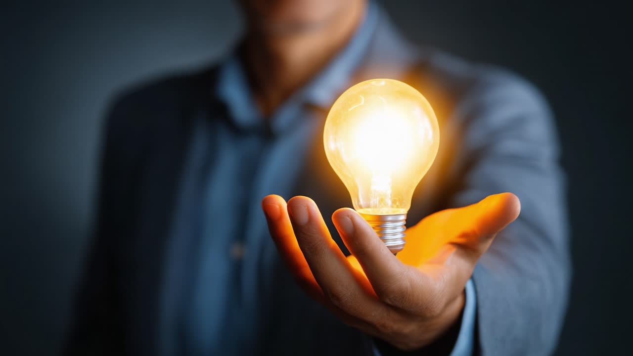 A hand presents a glowing light bulb, symbolizing innovation, ideas, and creativity, representing the power of inspiration in a professional setting