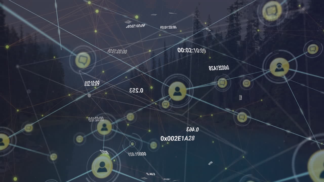 Animation of network of digital icons and data processing against landscape with trees
