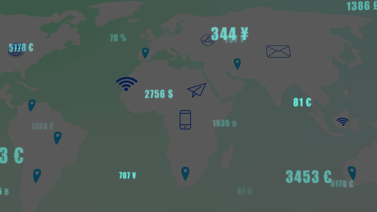 Animation of global currency symbols overlaying world map with digital theme