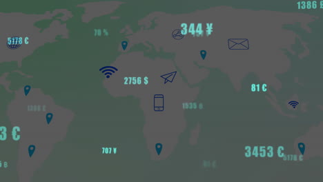 animation of global currency symbols overlaying world map with digital theme