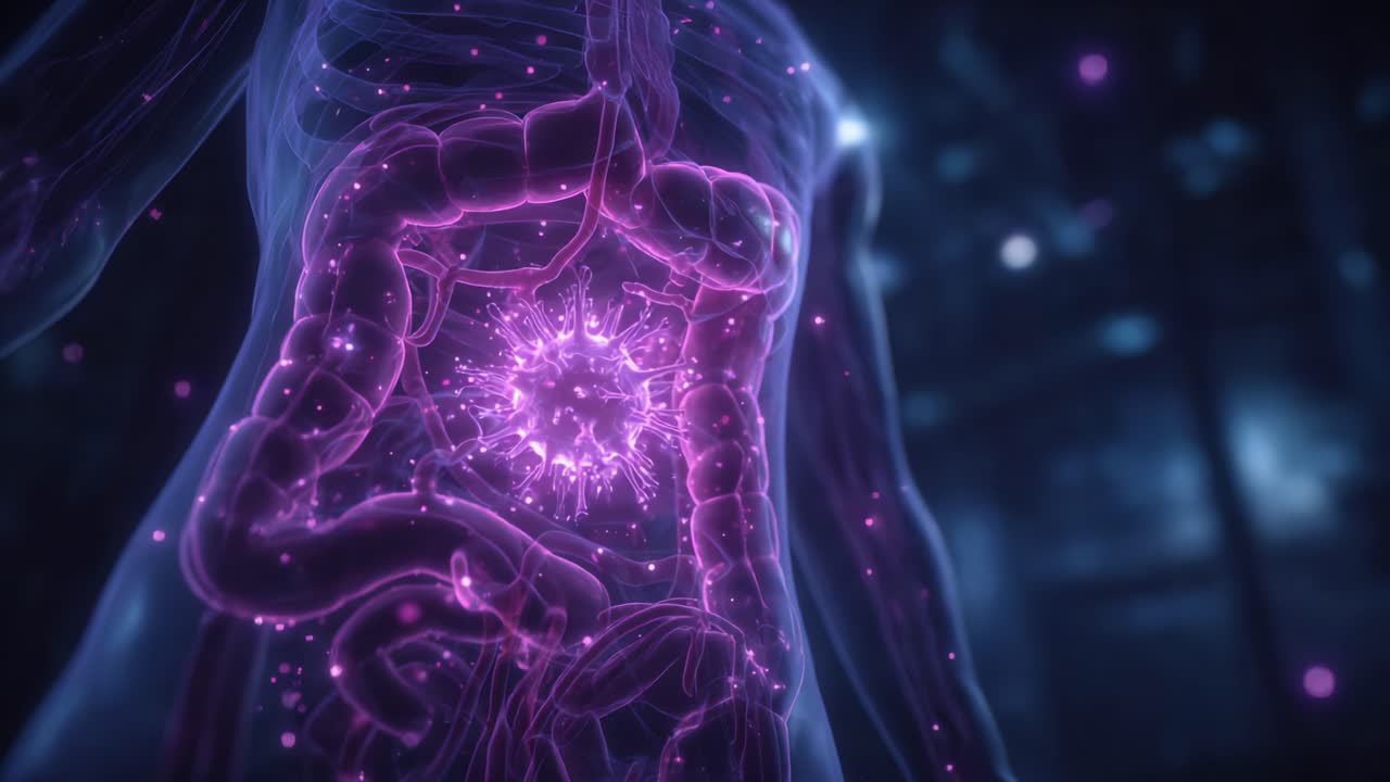 An Intricate Visual Representation of the Human Digestive System Highlighting the Interaction Between Intestines and Microscopic Organisms