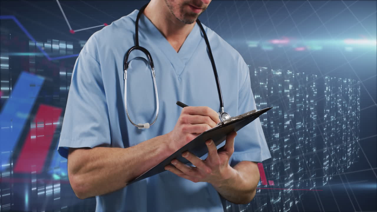 Animazione dell’elaborazione dati su un medico caucasico