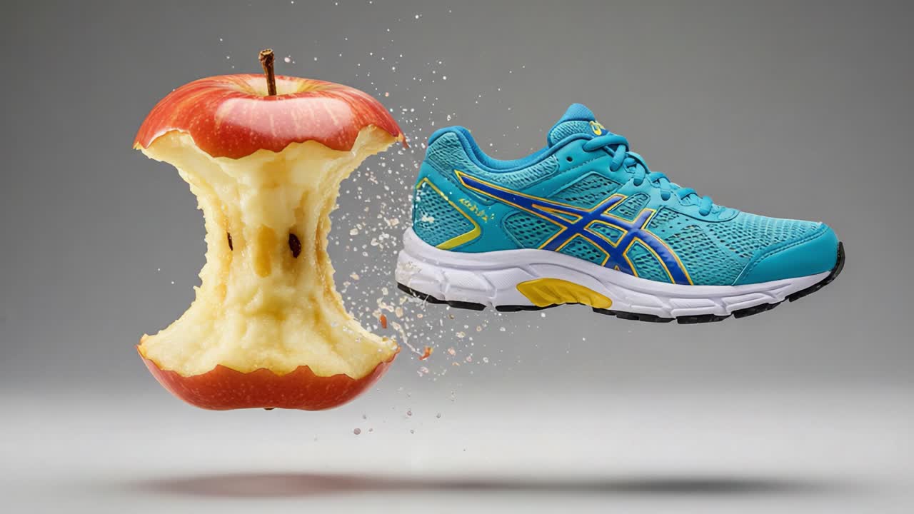 Una fusione creativa di salute e fitness: un connubio di gusto e prestazioni in un'unica immagine accattivante che presenta una mela fresca e una scarpa sportiva.