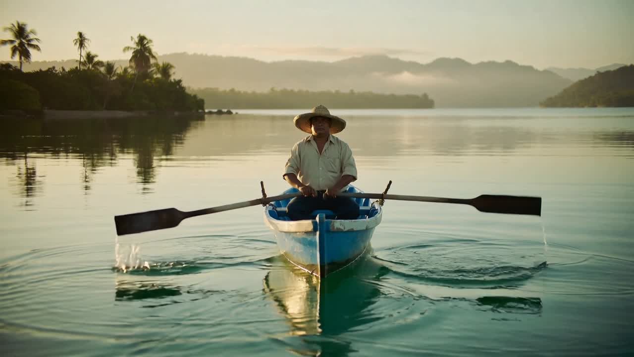 Rowing senior man wearing straw hat starting planting oars, pulling blue rowboat in tropical lagoon