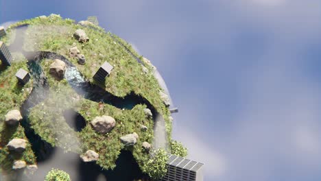 World-environment-day-green-planet-concept-globe-with-buildings,-3d-render